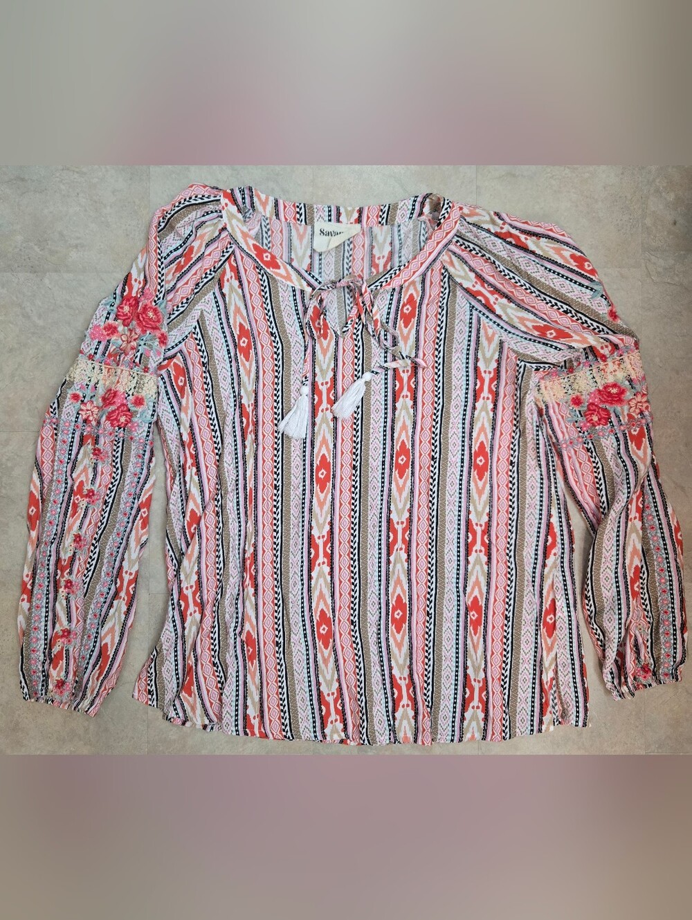 Savanna Jane Long Sleeve Multicolor Print Embroidered Boho Blouse Size L